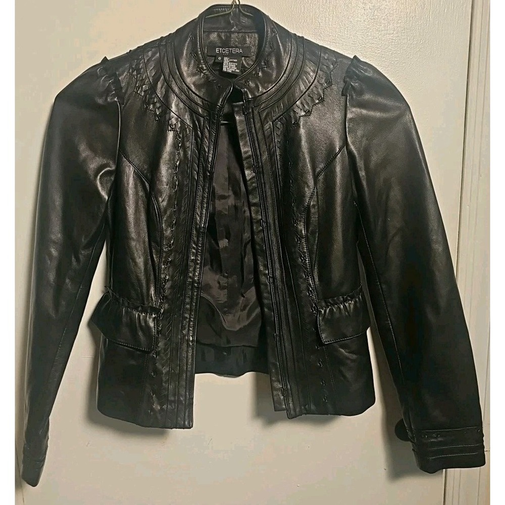 RN# 093698 ETCETERA Women's Leather Biker Jacket Black Sz 0